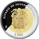 Reverso de la moneda bimetlica conmemorativa de la Unin de los Estados en una Federacin, primera fase, herldica, Aguascalientes