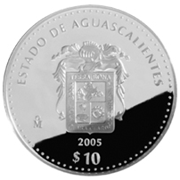 Reverso de la moneda de plata conmemorativa de la Unin de los Estados en una Federacin, primera fase, herldica, Aguascalientes