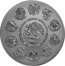 Anverso de la moneda de 1 kilogramo de plata en acabado antiguo del Calendario Azteca, dcimo aniversario