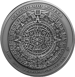 Reverso de la moneda de 1 kilogramo de plata en acabado antiguo del Calendario Azteca, dcimo aniversario