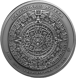 Reverso de la moneda de 1 kilogramo de plata en acabado antiguo del Calendario Azteca, d�cimo aniversario