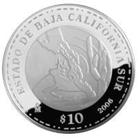 Reverso de la moneda de plata conmemorativa de la Unin de los Estados en una Federacin, segunda fase, emblemtica, Baja California Sur