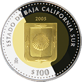 Reverso de la moneda bimetlica conmemorativa de la Unin de los Estados en una Federacin, primera fase, herldica, Baja California Sur