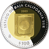 Reverso de la moneda bimet�lica conmemorativa de la Uni�n de los Estados en una Federaci�n, primera fase, her�ldica, Baja California Sur