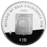 Reverso de la moneda de plata conmemorativa de la Unin de los Estados en una Federacin, primera fase, herldica, Baja California Sur