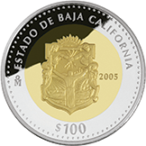 Reverso de la moneda bimetlica conmemorativa de la Unin de los Estados en una Federacin, primera fase, herldica, Baja California