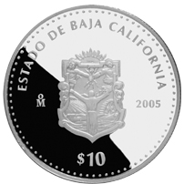 Reverso de la moneda de plata conmemorativa de la Unin de los Estados en una Federacin, primera fase, herldica, Baja California