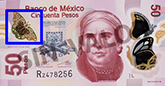 Señalización de la ubicación del elemento que cambia de color en el billete de 50 pesos de la familia F1