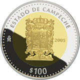 Reverso de la moneda bimetlica conmemorativa de la Unin de los Estados en una Federacin, primera fase, herldica, Campeche