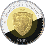 Reverso de la moneda bimetlica conmemorativa de la Unin de los Estados en una Federacin, primera fase, herldica, Chihuahua