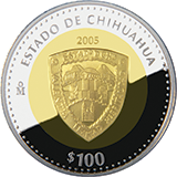 Reverso de la moneda bimet�lica conmemorativa de la Uni�n de los Estados en una Federaci�n, primera fase, her�ldica, Chihuahua