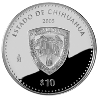 Reverso de la moneda de plata conmemorativa de la Unin de los Estados en una Federacin, primera fase, herldica, Chihuahua
