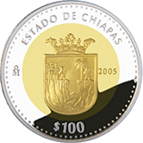 Reverso de la moneda bimetlica conmemorativa de la Unin de los Estados en una Federacin, primera fase, herldica, Chiapas