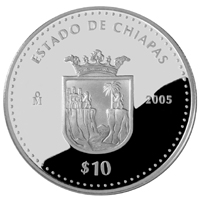 Reverso de la moneda de plata conmemorativa de la Unin de los Estados en una Federacin, primera fase, herldica, Chiapas