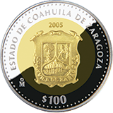 Reverso de la moneda bimetlica conmemorativa de la Unin de los Estados en una Federacin, primera fase, herldica, Coahuila