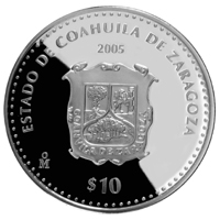 Reverso de la moneda de plata conmemorativa de la Unin de los Estados en una Federacin, primera fase, herldica, Coahuila
