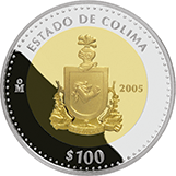 Reverso de la moneda bimetlica conmemorativa de la Unin de los Estados en una Federacin, primera fase, herldica, Colima