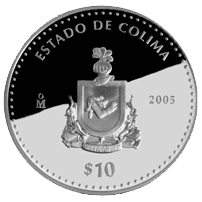 Reverso de la moneda de plata conmemorativa de la Unin de los Estados en una Federacin, primera fase, herldica, Colima