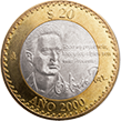 Reverso de la moneda de 20 pesos de la familia C, conmemorativa del cambio de milenio, Octavio Paz