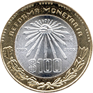 Reverso de la moneda de 100 pesos de la familia C, conmemorativa del 100 aniversario de la Reforma Monetaria de 1905