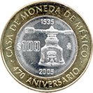 Reverso de la moneda de 100 pesos de la familia C, conmemorativa del 470 del aniversario de la Casa de Moneda de México