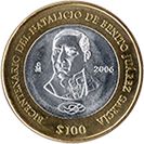 Reverso de la moneda de 100 pesos de la familia C, conmemorativa del bicentenario del natalicio de Benito Juárez