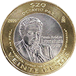 Reverso de la moneda de 20 pesos de la familia C, conmemorativa de la entrega del premio Nobel de Literatura a Octavio Paz