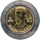 Reverso de la moneda de 5 pesos, conmemorativa del centenario de la Revolución, Belisario Domínguez