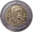 Reverso de la moneda de 5 pesos, conmemorativa del centenario de la Revolución, Eulalio Gutiérrez