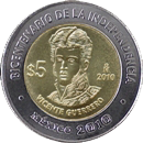 Reverso de la moneda de 5 pesos, conmemorativa del centenario de la Independencia, Vicente Guerrero