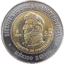 Reverso de la moneda de 5 pesos, conmemorativa del centenario de la Independencia, Agustn de Iturbide