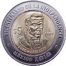 Reverso de la moneda de 5 pesos, conmemorativa del bicentenario de la Independencia, Jos Mara Cos
