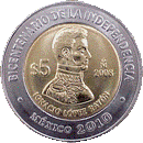 Reverso de la moneda de 5 pesos, conmemorativa del bicentenario de la Independencia, Ignacio Lpez Rayn