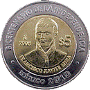 Reverso de la moneda de 5 pesos, conmemorativa del bicentenario de la Independencia, Xavier Mina