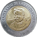 Reverso de la moneda de 5 pesos, conmemorativa del centenario de la Revolución, Otilio Montaño
