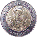 Reverso de la moneda de 5 pesos, conmemorativa del centenario de la Independencia, Pedro Moreno