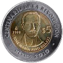 Reverso de la moneda de 5 pesos, conmemorativa del centenario de la Revolución, José María Pino Suárez