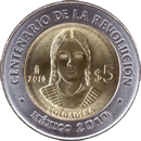 Reverso de la moneda de 5 pesos, conmemorativa del centenario de la Revolución, Soldadera