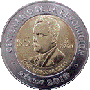 Reverso de la moneda de 5 pesos, conmemorativa del centenario de la Revolución, José Vasconcelos
