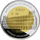 Reverso de la moneda bimetlica conmemorativa de la Unin de los Estados en una Federacin, seguda fase, emblemtica, Distrito Federal