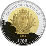 Reverso de la moneda bimetlica conmemorativa de la Unin de los Estados en una Federacin, primera fase, herldica, Durango