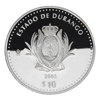 Reverso de la moneda de plata conmemorativa de la Unin de los Estados en una Federacin, primera fase, herldica, Durango