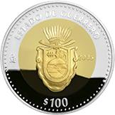 Reverso de la moneda bimet�lica conmemorativa de la Uni�n de los Estados en una Federaci�n, primera fase, her�ldica, Guerrero