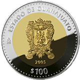 Reverso de la moneda bimetlica conmemorativa de la Unin de los Estados en una Federacin, primera fase, herldica, Guanajuato