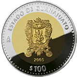 Reverso de la moneda bimet�lica conmemorativa de la Uni�n de los Estados en una Federaci�n, primera fase, her�ldica, Guanajuato