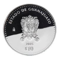 Reverso de la moneda de plata conmemorativa de la Unin de los Estados en una Federacin, primera fase, herldica, Guanajuato