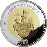 Reverso de la moneda bimetlica conmemorativa de la Unin de los Estados en una Federacin, primera fase, herldica, Jalisco