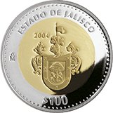 Reverso de la moneda bimet�lica conmemorativa de la Uni�n de los Estados en una Federaci�n, primera fase, her�ldica, Jalisco