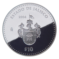 Reverso de la moneda de plata conmemorativa de la Unin de los Estados en una Federacin, primera fase, herldica, Jalisco