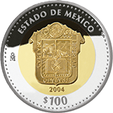 Reverso de la moneda bimetlica conmemorativa de la Unin de los Estados en una Federacin, primera fase, herldica, Estado de Mxico
